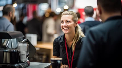 Foto op Plexiglas Eine lächelnde Frau auf einer Kaffee - Messe Barista © Erich