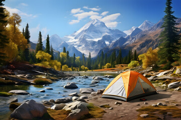 a tent standing near a mountain river - obrazy, fototapety, plakaty