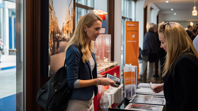 Eine l&auml;chelnde Frau auf einer Buch - Messe