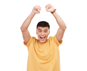 Portrait, smile and man with celebration, excited and winner isolated on a transparent background. Face, happy person or model with fist in the air, victory and png with promotion, happiness or emoji