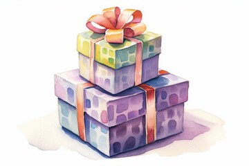 Watercolor gift boxes wrapped in paper on white background. AI generated
