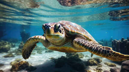 Graceful sea turtle swimming, marine life, underwater, tranquil, reptile, conservation Ai Generative