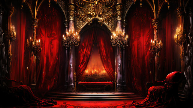 Vampire Dracula castle interior, victorian red furnitures. Halloween concept. Generative AI