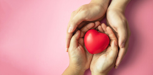 close up a red heart in adult hands on pink background , health care, organ donation, family life insurance, world heart day,brain stroke.