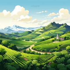 Lush vineyards cover the rolling hills in cartoon style
