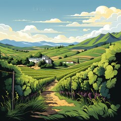 Lush vineyards cover the rolling hills in cartoon style
