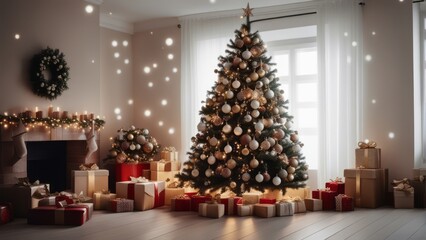 Big beautiful christmas tree decorated with beautiful shiny baubles