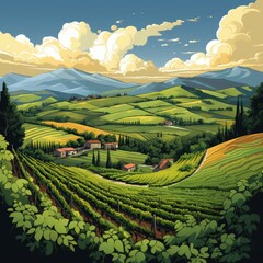 Lush vineyards cover the rolling hills in cartoon style