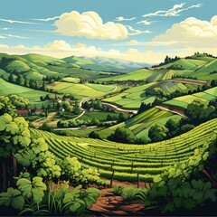 Lush vineyards cover the rolling hills in cartoon style