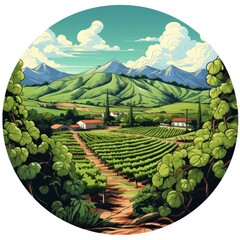 Lush vineyards cover the rolling hills in cartoon style