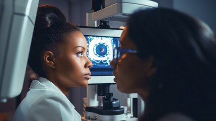Eye doctor with female patient during an examination in modern clinic. Ophthalmologist is using special medical equipment for eye health saving and improving.