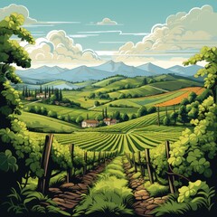 Lush vineyards cover the rolling hills in cartoon style