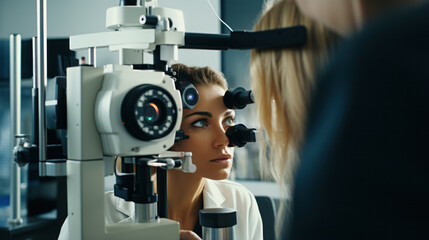 Eye doctor with female patient during an examination in modern clinic. Ophthalmologist is using special medical equipment for eye health saving and improving.