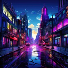 Bright neon lights illuminate the city streets