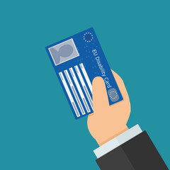 A hand presents a European Union disability card on a blue background in flat design style