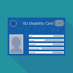 Disability European Union card in center with shadow on blue background in flat design style