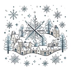 Sparkling snowflakes blanket the town in cartoon style