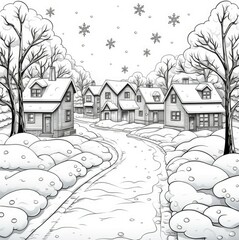 Sparkling snowflakes blanket the town in cartoon style