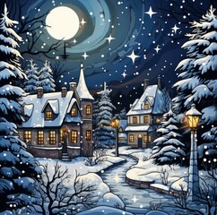 Sparkling snowflakes blanket the town in cartoon style