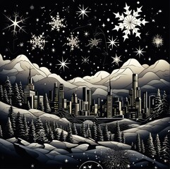 Sparkling snowflakes blanket the town in cartoon style