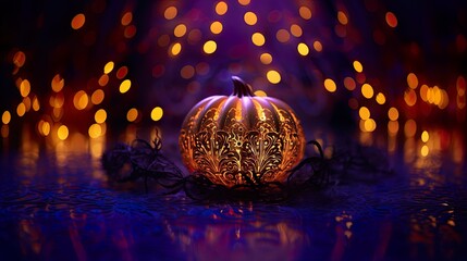 Pumpkin in lace and sequins is illuminated on blurred bokeh background. Luxury mood in purple, orange and black for season greetings card, fall banner.