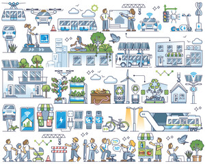 Smart city infrastructure and urban development in outline collection set. 5G, IOT or robotic automation elements for environmental digital growth vector illustration. Modern futuristic society items