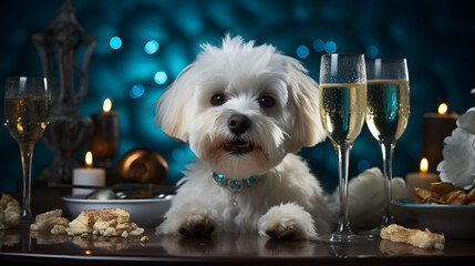 Bichon Frise is drinking champagne on bright boke background