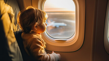 Side view of calm kid sitting on chair looking out the windows in plane - obrazy, fototapety, plakaty