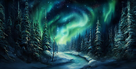 Fototapeta na wymiar north pole auroras blue and green snow on trees and glow hd wallpaper 