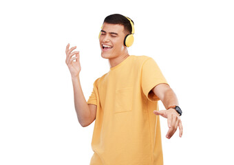 Music, headphones and happy man dancing, excited and isolated on a transparent png background....