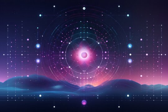 Vector illustration of Sacred geometric symbol against the space background with mountains landscape. Mystic sign drawn in lines. Image in blue and purple color