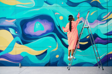 Female street artist painting colorful graffiti standing on a ladder using paint roller