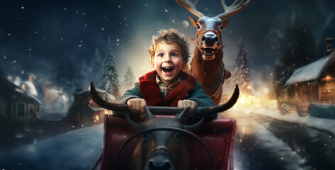 Little boy drives Santa's sleigh pulled by reindeer a hd wallpaper 