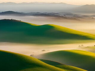 wavy green hill landscape with fog
