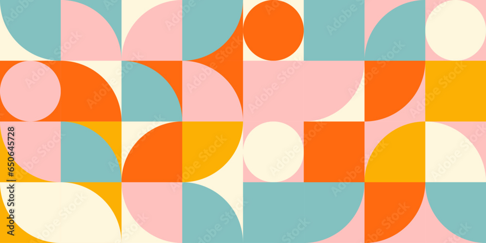 Aufkleber Retro geometric aesthetics. Bauhaus and avant-garde inspired vector background with abstract simple shapes like circle, square, semi circle. Colorful pattern in nostalgic pastel colors.