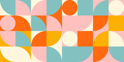 Retro geometric aesthetics. Bauhaus and avant-garde inspired vector background with abstract simple shapes like circle, square, semi circle. Colorful pattern in nostalgic pastel colors. - 650645728