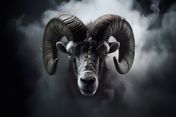 majestic ram with huge horns in smoke behind it - Powered by Adobe
