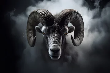 Poster majestic ram with huge horns in smoke behind it © Rangga Bimantara