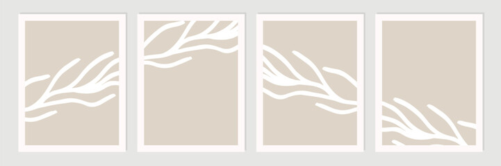 Set of abstract organic shapes, leaves, lines and textures in white on neutral nude and beige background.