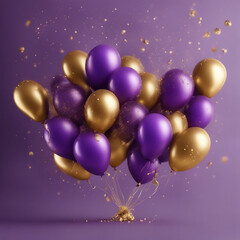 golden and purple balloons with particles banner template