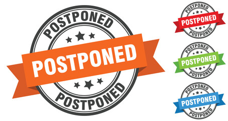 postponed stamp. round band sign set. label