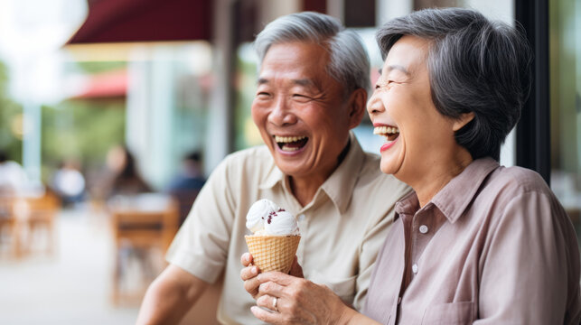 Happy retired senior couple with icecream in city. Fun travel activity