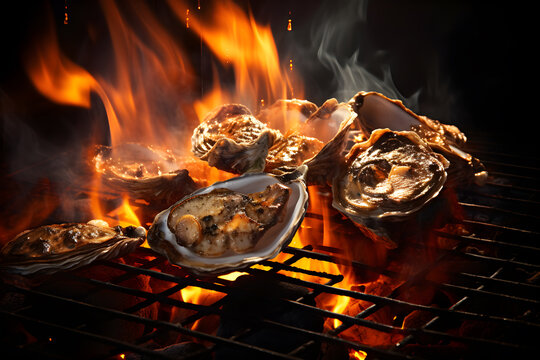 oysters are being cooked on the grill. Grilled oysters with garlic and chili sauce

