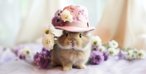 rabbit cute with hat flower hd wallpaper