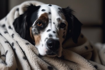 Obraz premium Tired old dog wrapped in warm blanket at home