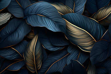 Dark blue and gold tropical leaves Exotic background, Ai Generated