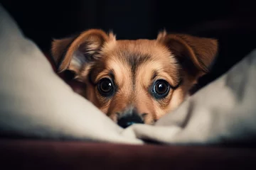 Foto op Plexiglas Close up portrait curious dog or hiding on bed © Neira