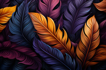 Seamless pattern with colorful feathers on dark background. Vector illustration, Ai Generated
