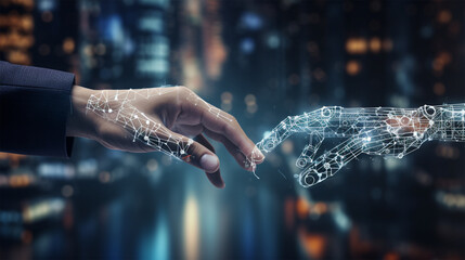 AI, Machine learning, Hands of robot and human touching on big data network connection background, Science and artificial intelligence technology, innovation and futuristic