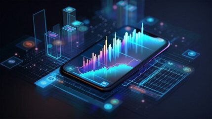 Application of Smartphone with business graph and analytics data on an isometric mobile phone. Analysis trends and software development coding process concept. Programming, testing cross-platform code - obrazy, fototapety, plakaty